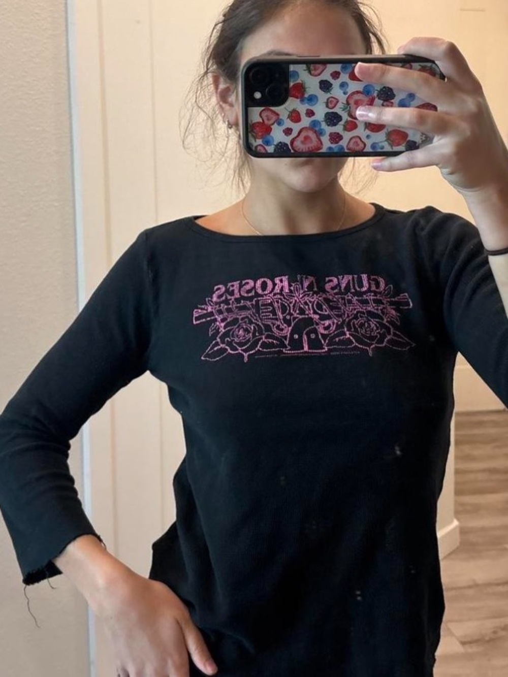 Black Graphic Long Sleeve Tee with Pink Guns N' Roses Print